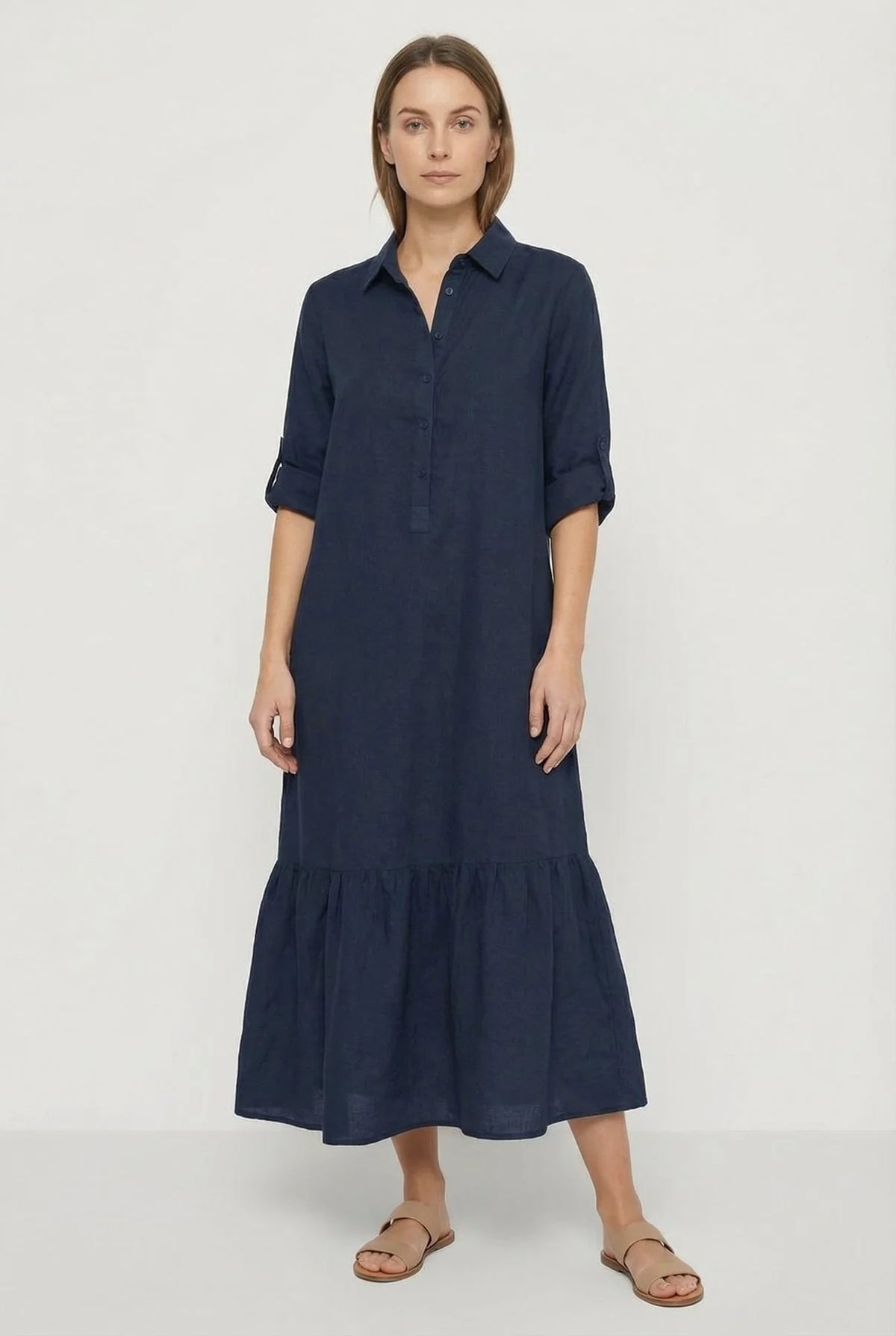 Talia Women's Maxi Dress | Denim-Look Fabric, Tiered Hem 1