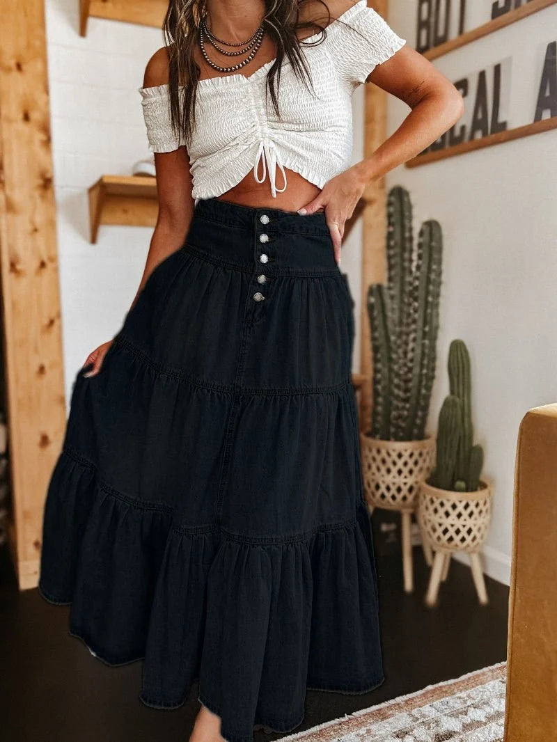 Talia Women's Maxi Skirt | Tiered Denim, Button Front, Raw Hem 2