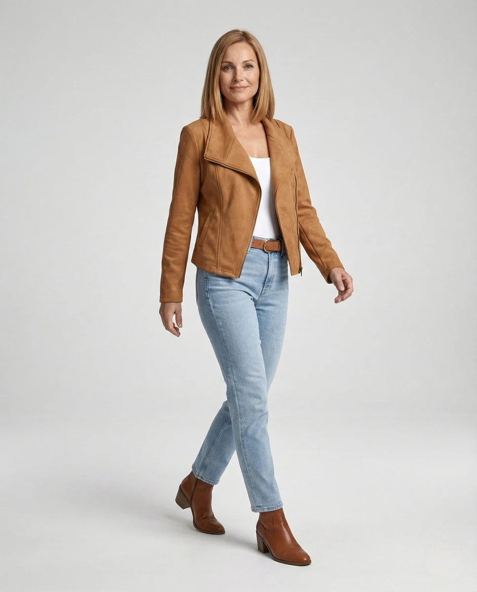 Talia Women's Tailored Biker Jacket | Suede-Look, Asymmetric Zip 1