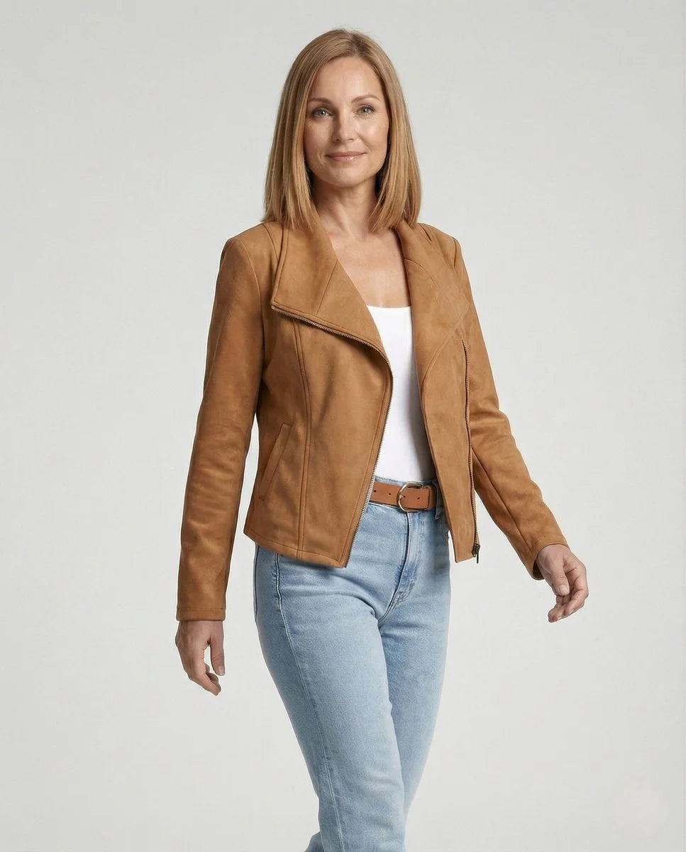 Talia Women's Tailored Biker Jacket | Suede-Look, Asymmetric Zip 2