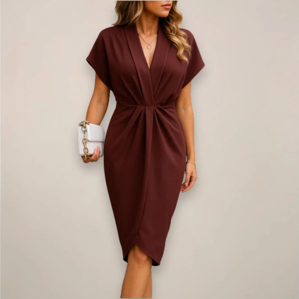Talia Women's Wrap Midi Dress | Twist Front, Collar, Front Slit 4