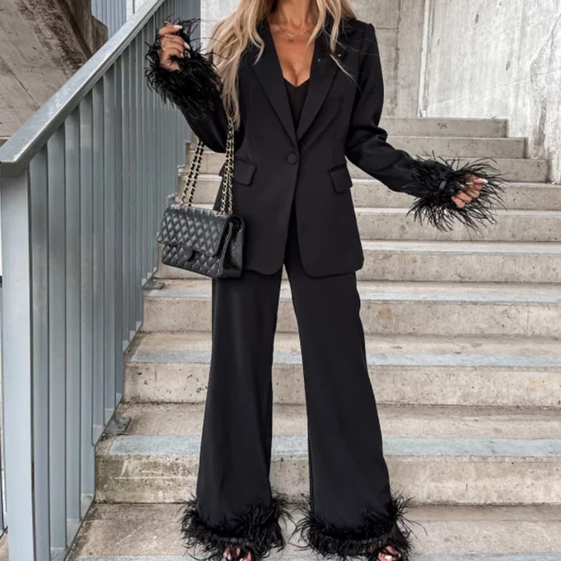 Vera Black Women's Suit | Polyester and Cotton, Elegant with Feather Accents