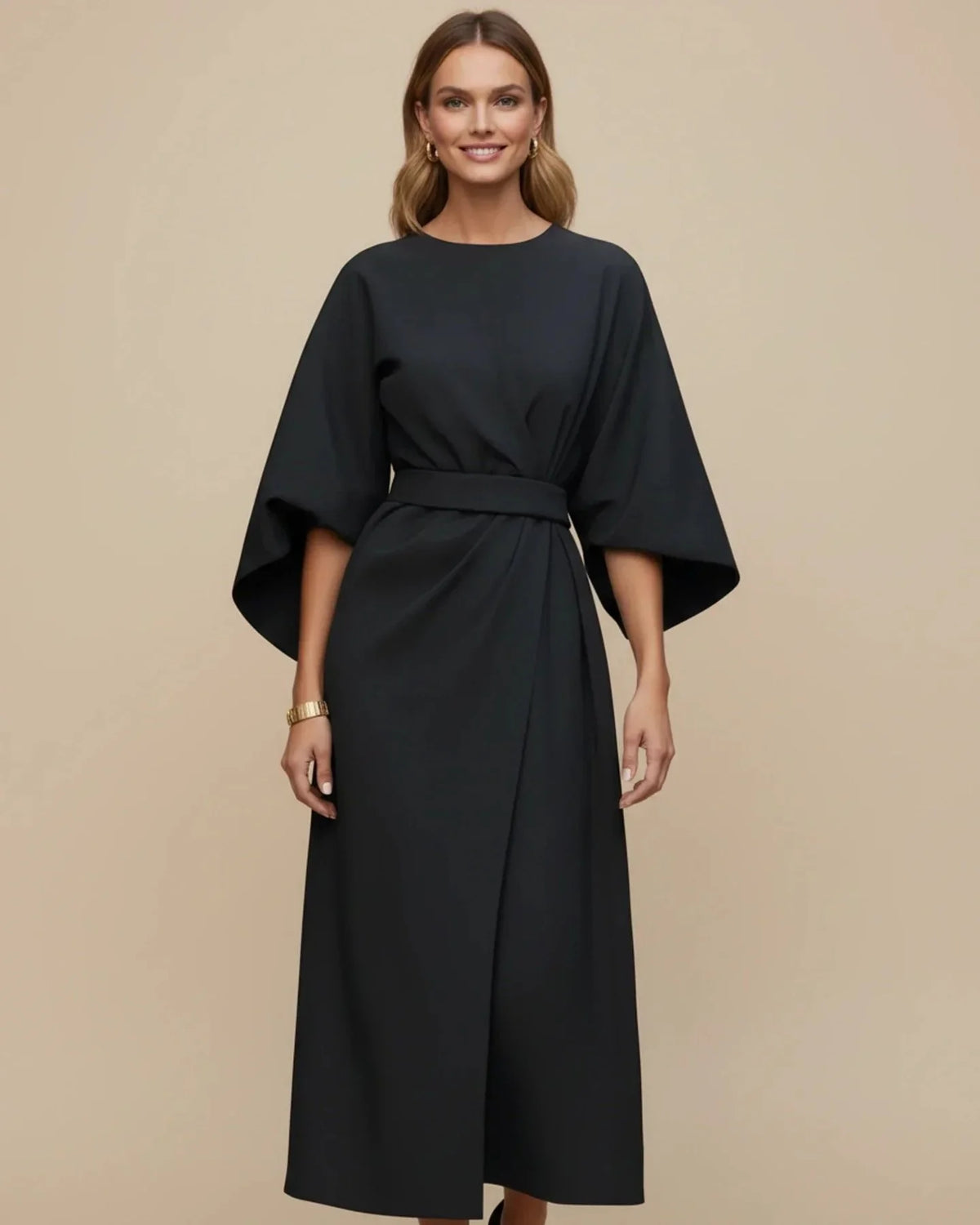 Willa Women's Wrap Midi Dress | Balloon Sleeves, Tie Belt 0