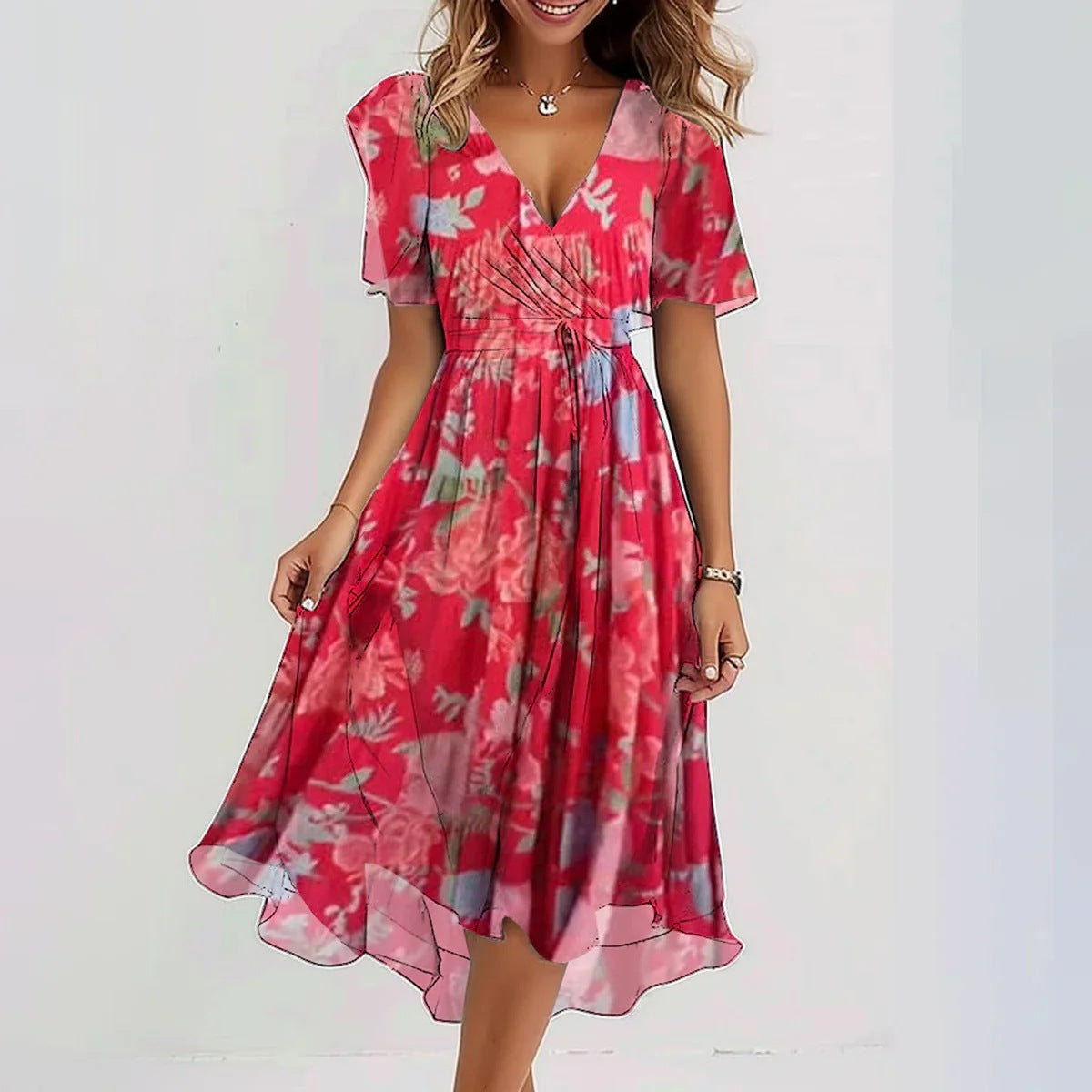 Mirellia | Midi Wrap Dress with Print and Butterfly Sleeves