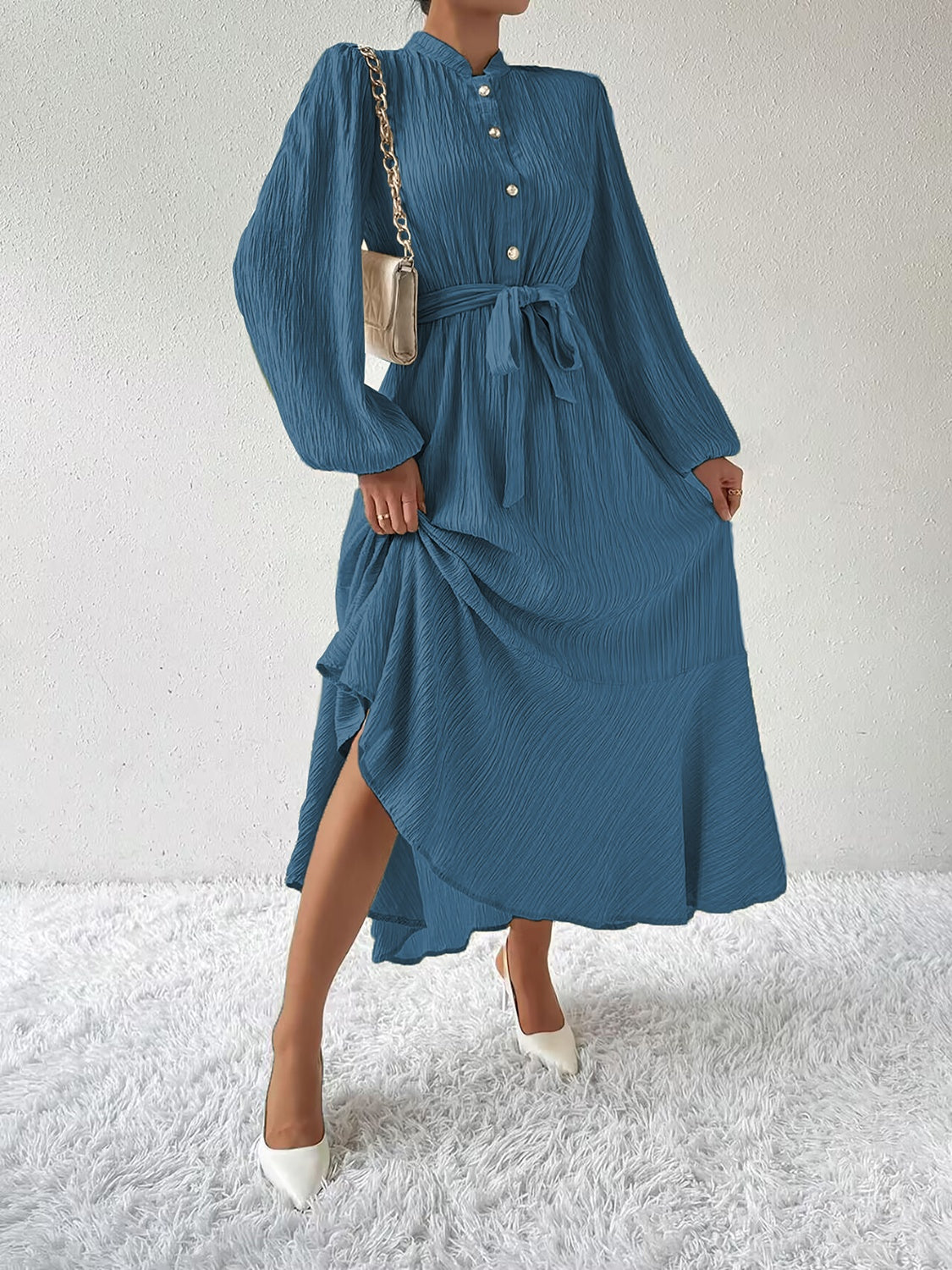 MAUREEN | Dress with Long Sleeves and Waist Accent