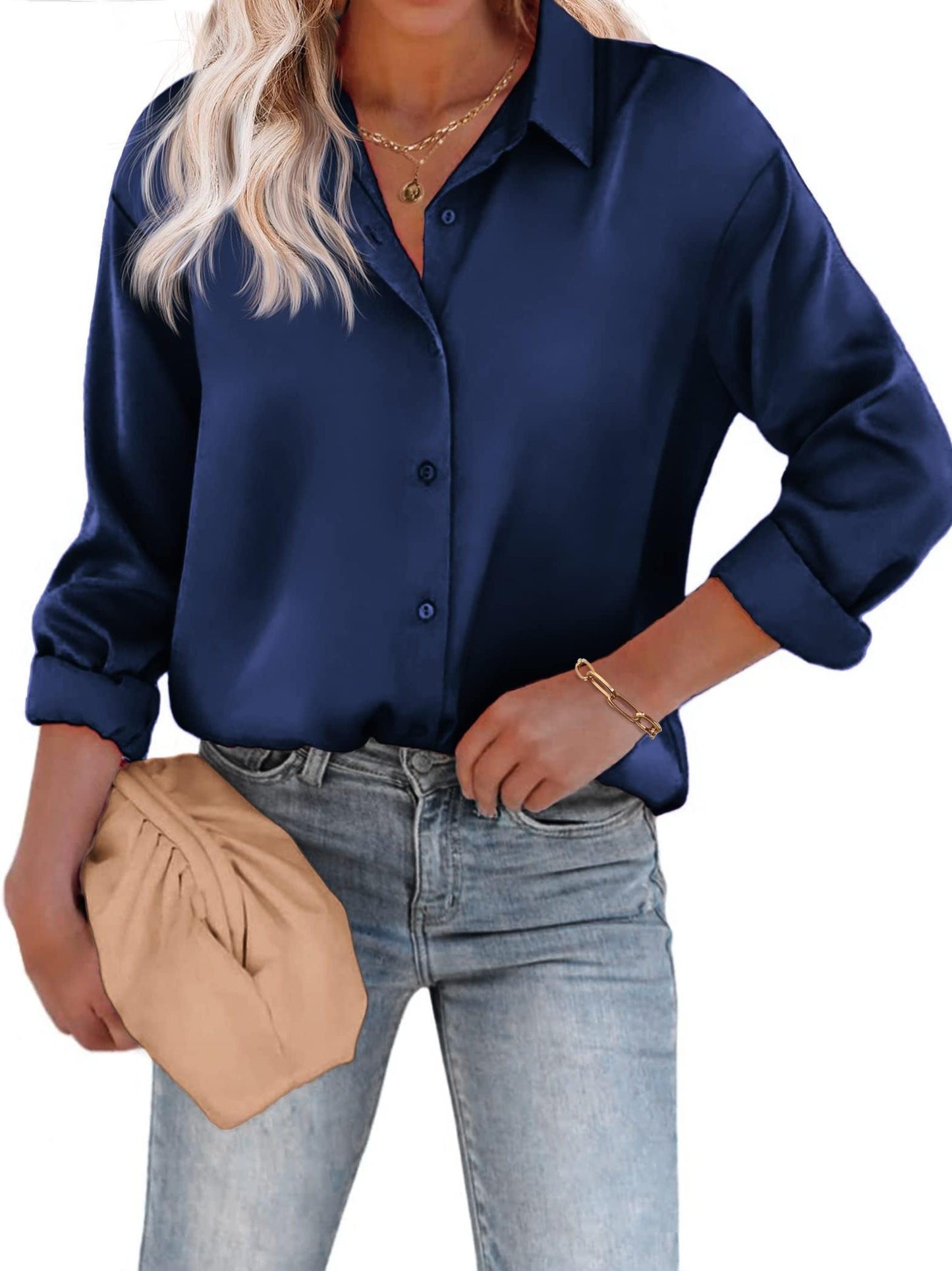 Esthere | Casual Satin Blouse with Button Closure and Long Sleeves
