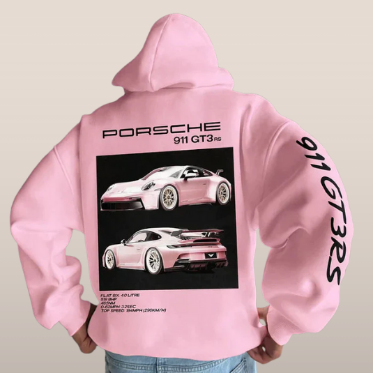 Hoodie with sports car print – Rug design with typography and sleeve print