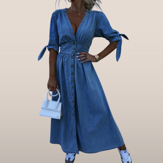 JENARA | Denim maxi dress with buttons and tie sleeves