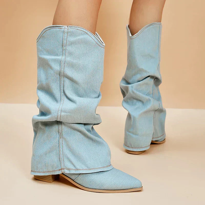 SORELLE | Denim Boots with Statement Flair
