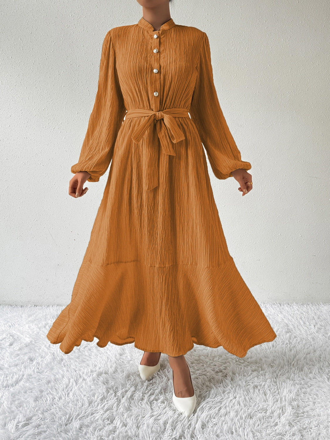 MAUREEN | Dress with Long Sleeves and Waist Accent