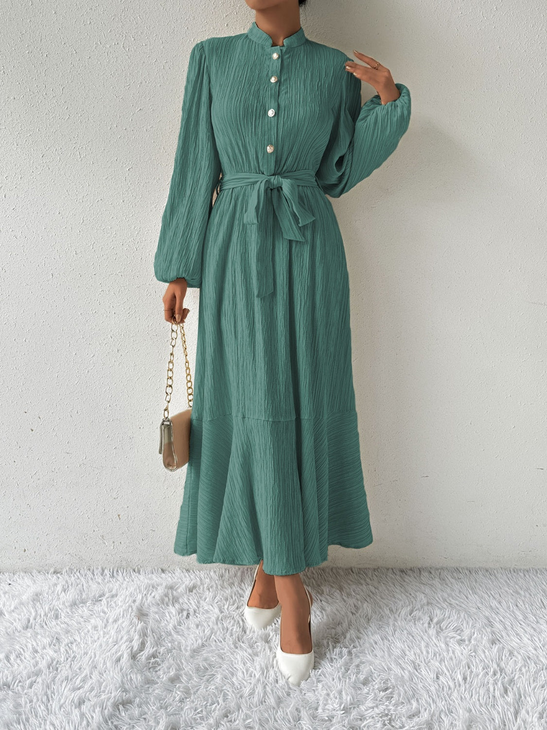 MAUREEN | Dress with Long Sleeves and Waist Accent