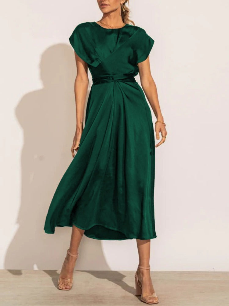 Elaria | Elegant Midi Evening Dress with Layered Sleeves