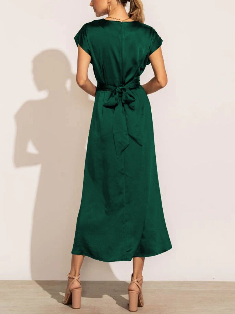 Elaria | Elegant Midi Evening Dress with Layered Sleeves