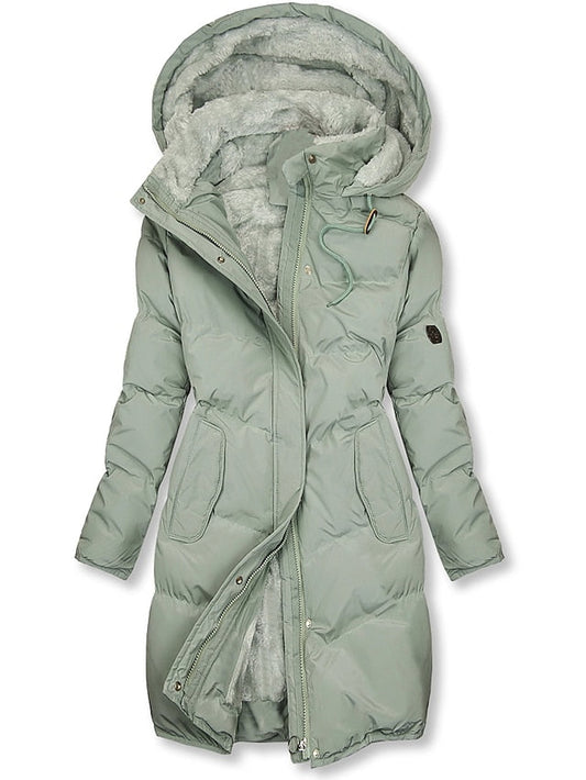 Ladies' Long Padded Puffer Winter Jacket with Hood and Warm Lining