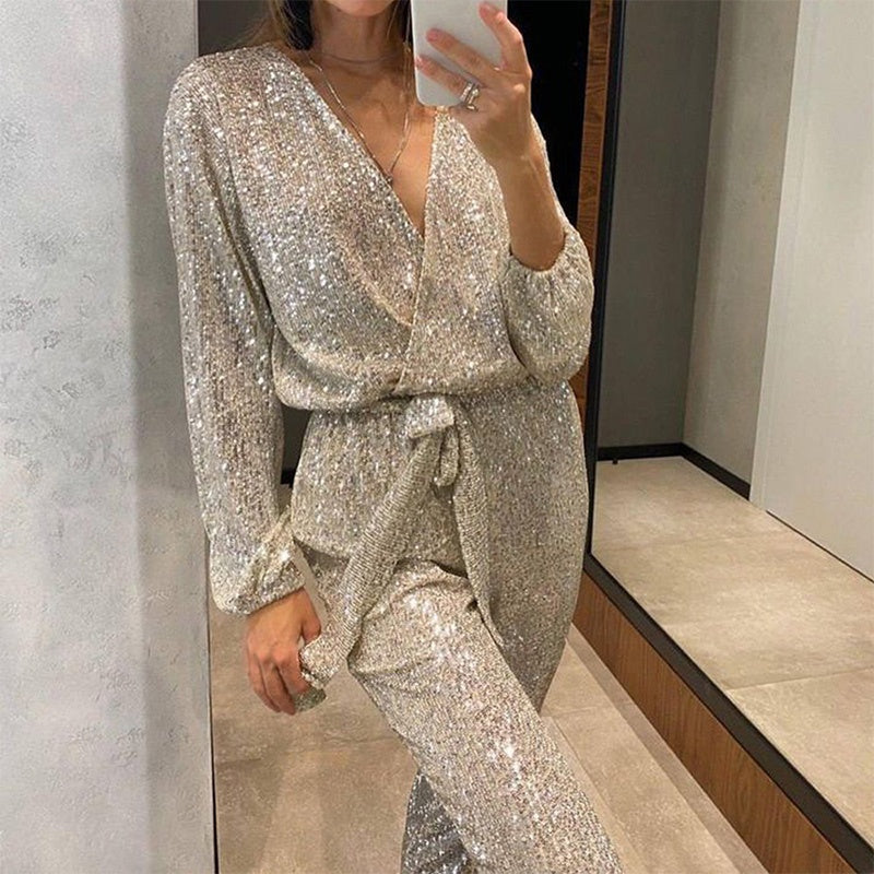 CELINNE | Glittering Jumpsuit with V-neck and Elegant Waist Belt