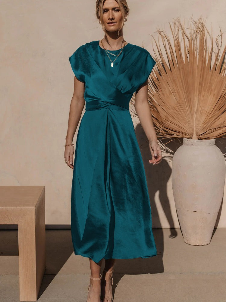 Elaria | Elegant Midi Evening Dress with Layered Sleeves