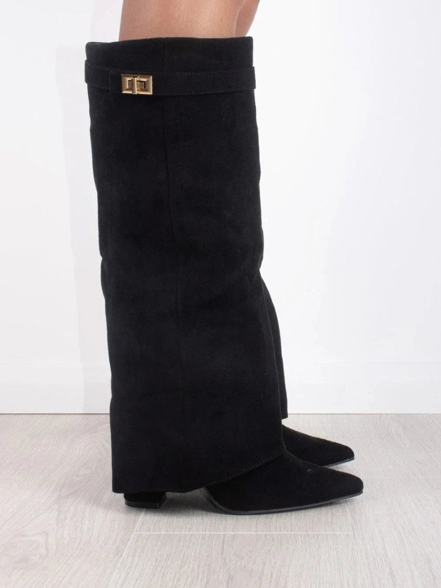 ALVINA | Luxe Suede-Look High Boots with Golden Accent